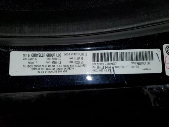 2012 Chrysler 200 Limited with VIN 1C3CCBCG3CN304007, listed as a Copart auction lot 45127365 with 122,891 mi miles and Clean Title. Bid and sale history available at carsss.com. Image 12.