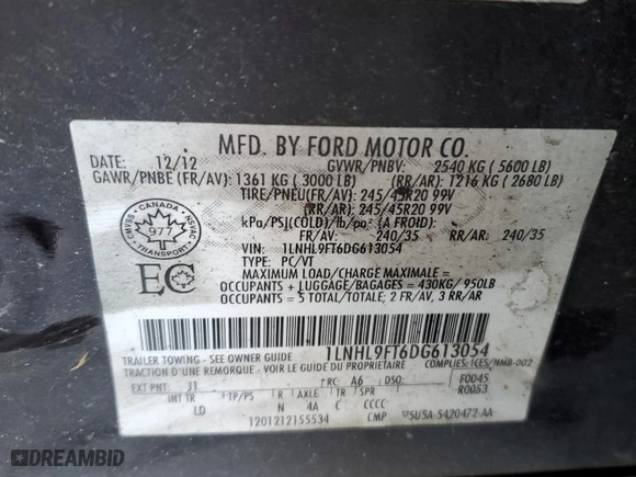 2013 Lincoln MKS EcoBoost with VIN 1LNHL9FT6DG613054, listed as a Copart auction lot 43991995 with 116,544 mi miles and Salvage Title. Bid and sale history available at carsss.com. Image 13.