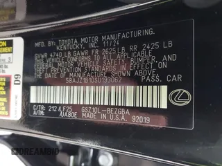 2025 Lexus ES with VIN 58AJZ1B10SU193062, listed as a IAAI auction lot 41277618 with 1,466 mi miles. Bid and sale history available at carsss.com. Image 9.