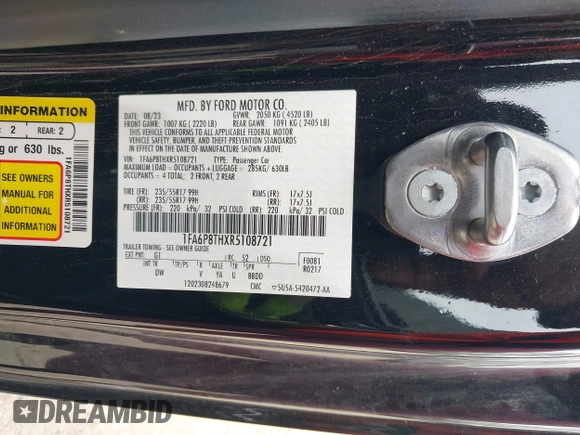 2024 Ford Mustang EcoBoost with VIN 1FA6P8THXR5108721, listed as a IAAI auction lot 42570556 with 26,621 mi miles and . Bid and sale history available at DreamBid. Image 9.