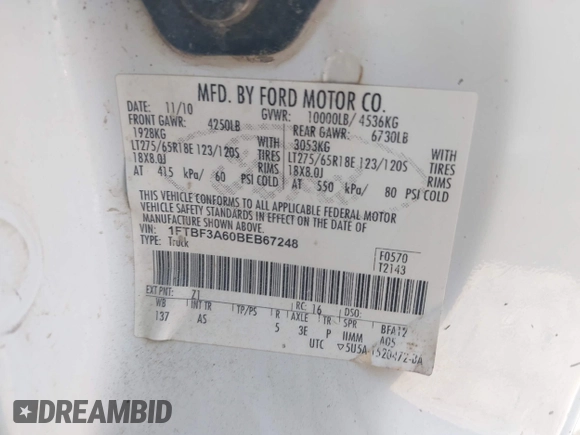 2011 Ford F-350 XL with VIN 1FTBF3A60BEB67248, listed as a IAAI auction lot 42528966 with 133,646 mi miles and . Bid and sale history available at DreamBid. Image 8.