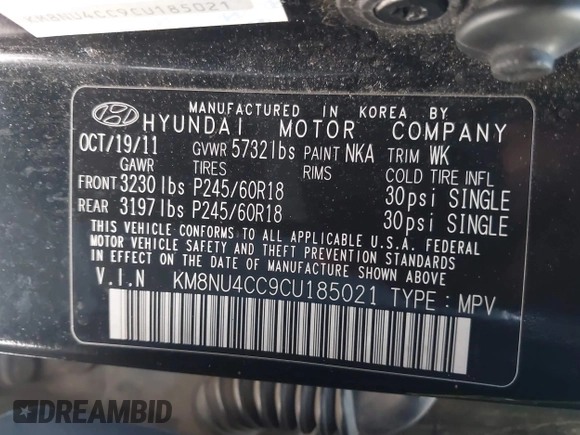 2012 Hyundai Veracruz Limited with VIN KM8NU4CC9CU185021, listed as a IAAI auction lot 42631962 with 191,260 mi miles and . Bid and sale history available at DreamBid. Image 9.