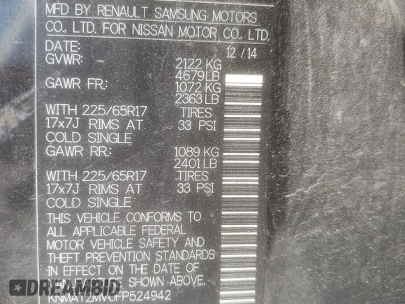 2015 Nissan Rogue S with VIN KNMAT2MV0FP524942, listed as a Copart auction lot 49583595 with 95,133 mi miles and Salvage Title. Bid and sale history available at DreamBid. Image 15.