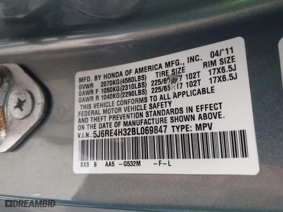 2011 Honda CR-V LX with VIN 5J6RE4H32BL069847, listed as a IAAI auction lot 41345267 with 148,301 mi miles. Bid and sale history available at carsss.com. Image 9.