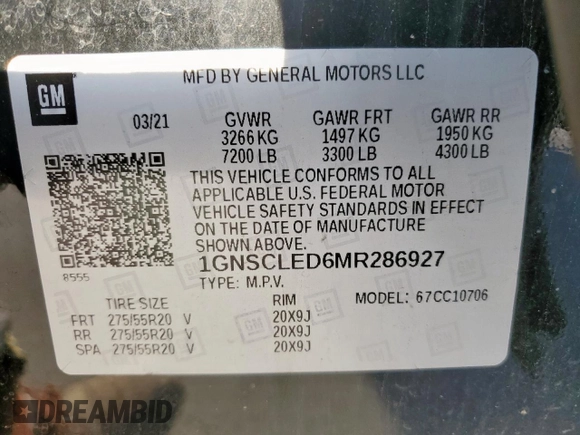 2021 Chevrolet Tahoe Commercial z VIN 1GNSCLED6MR286927, wystawiony jako Copart lot #49970565 z przebiegiem 99 471 mil mil oraz Szkoda całkowita • Salvage title. Historia ofert i sprzedaży dostępna na DreamBid. Obrazek 14.
