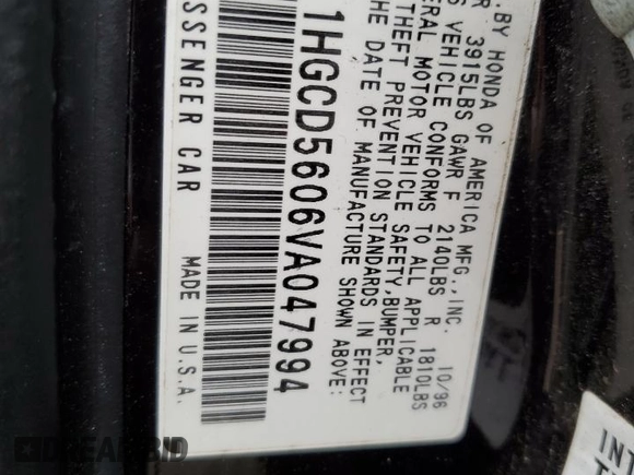 1997 Honda Accord Special Edition with VIN 1HGCD5606VA047994, listed as a Copart auction lot 46294265 with 226,805 mi miles and Salvage Title. Bid and sale history available at carsss.com. Image 12.