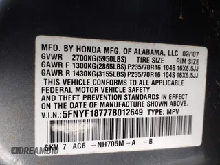 2007 Honda Pilot EX-L with VIN 5FNYF18777B012649, listed as a IAAI auction lot 42070873 with 167,419 mi miles and . Bid and sale history available at DreamBid. Image 9.