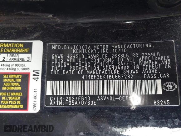 2011 Toyota Camry LE with VIN 4T1BF3EK1BU667282, listed as a IAAI auction lot 41799437 with 172,185 mi miles. Bid and sale history available at carsss.com. Image 9.