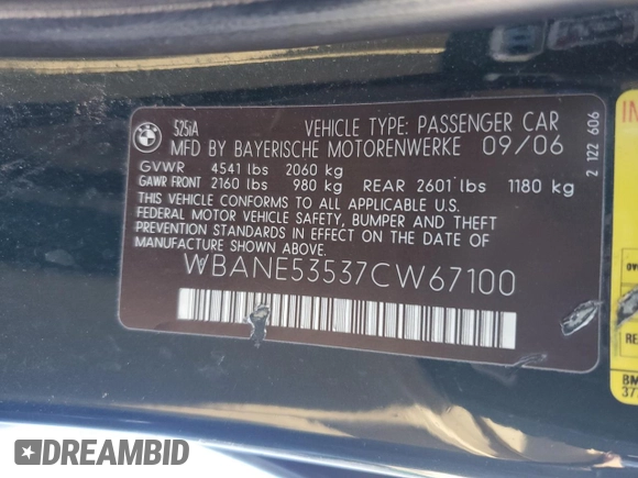 2007 BMW 5 Series 525i with VIN WBANE53537CW67100, listed as a Copart auction lot 45993465 with 145,939 mi miles and Salvage Title. Bid and sale history available at carsss.com. Image 14.