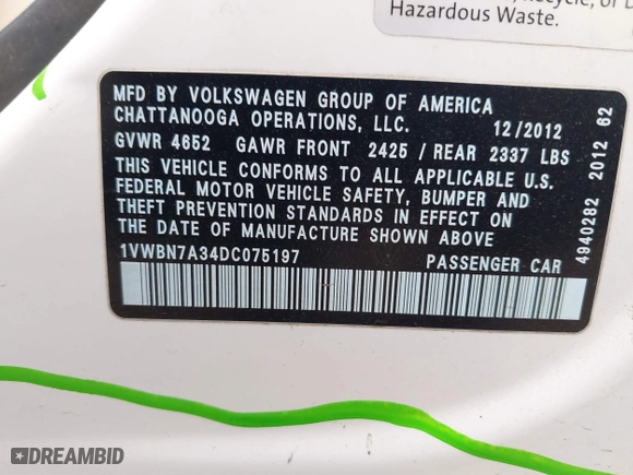 2013 Volkswagen Passat TDI SE with VIN 1VWBN7A34DC075197, listed as a IAAI auction lot 41707346 with 188,685 mi miles. Bid and sale history available at carsss.com. Image 9.