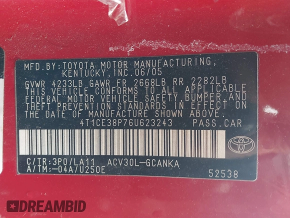 2006 Toyota Solara SE with VIN 4T1CE38P76U623243, listed as a IAAI auction lot 41731877 with 196,758 mi miles and . Bid and sale history available at DreamBid. Image 9.