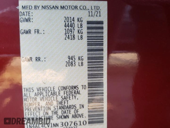 2022 Nissan Altima 2.0 SR with VIN 1N4AL4CV1NN307610, listed as a Copart auction lot 83268074 with 8,830 mi miles and Salvage Title. Bid and sale history available at carsss.com. Image 14.