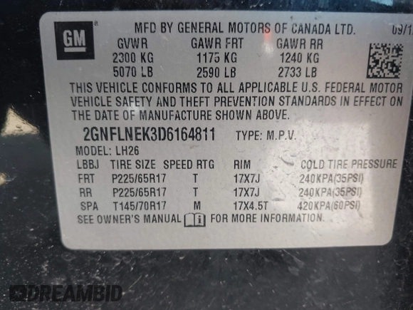 2013 Chevrolet Equinox LT with VIN 2GNFLNEK3D6164811, listed as a IAAI auction lot 42022855 with 206,732 mi miles and . Bid and sale history available at DreamBid. Image 9.