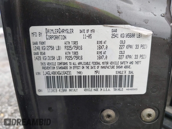 2006 Jeep Liberty Sport z VIN 1J4GL48KX6W164231, wystawiony jako IAAI lot #42247897 z przebiegiem 177 394 mil mil oraz . Historia ofert i sprzedaży dostępna na DreamBid. Obrazek 9.