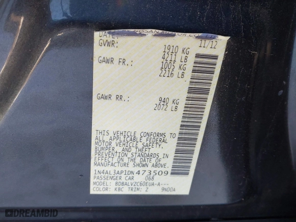 2013 Nissan Altima 2.5 SL with VIN 1N4AL3AP1DN473509, listed as a IAAI auction lot 41371667 with 192,000 mi miles. Bid and sale history available at carsss.com. Image 9.