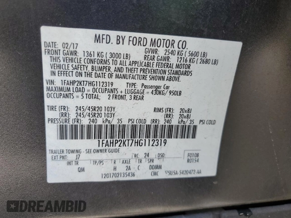 2017 Ford Taurus SHO with VIN 1FAHP2KT7HG112319, listed as a Copart auction lot 61160035 with Not provided miles and Salvage title. Bid and sale history available at DreamBid. Image 13.
