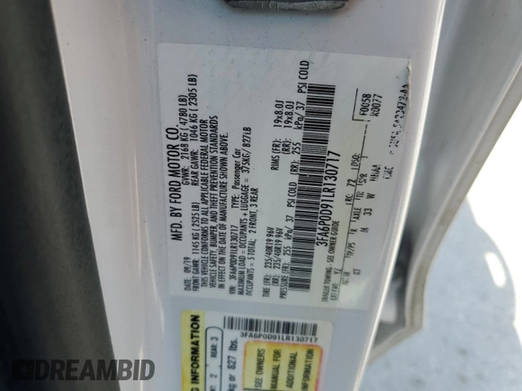 2020 Ford Fusion Titanium with VIN 3FA6P0D91LR130717, listed as a Copart auction lot 53095765 with 94,535 mi miles and Salvage title. Bid and sale history available at DreamBid. Image 14.