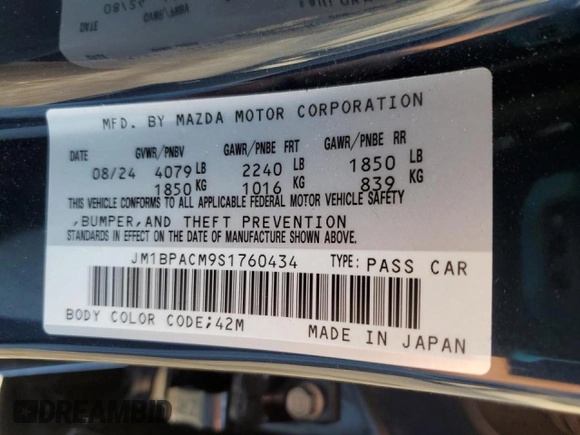 2025 Mazda 3 S Preferred with VIN JM1BPACM9S1760434, listed as a Copart auction lot 44654305 with 1,701 mi miles and Clean Title. Bid and sale history available at DreamBid. Image 12.