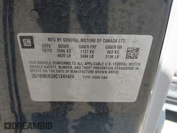 2012 Chevrolet Impala LT Retail with VIN 2G1WB5E38C1241424, listed as a IAAI auction lot 42215717 with 60,447 mi miles and . Bid and sale history available at DreamBid. Image 9.