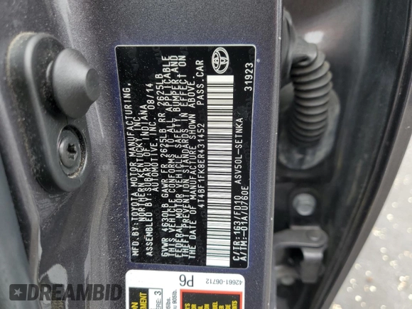 2014 Toyota Camry L with VIN 4T4BF1FK8ER431452, listed as a Copart auction lot 54802665 with 76,393 mi miles and Salvage Title. Bid and sale history available at DreamBid. Image 12.
