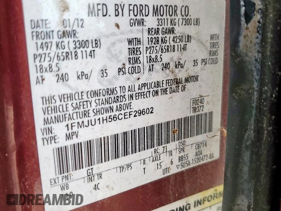 2012 Ford Expedition XLT with VIN 1FMJU1H56CEF29602, listed as a Copart auction lot 62551505 with 185,455 mi miles and Clean title. Bid and sale history available at DreamBid. Image 13.