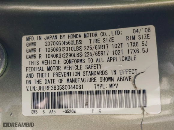2008 Honda CR-V LX with VIN JHLRE38358C044081, listed as a IAAI auction lot 41821226 with 183,426 mi miles. Bid and sale history available at carsss.com. Image 9.