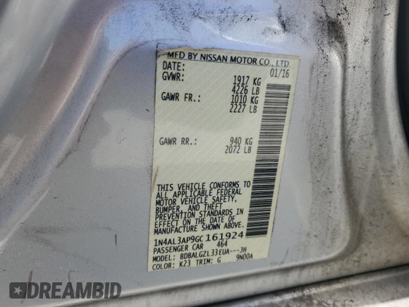 2016 Nissan Altima S with VIN 1N4AL3AP9GC161924, listed as a Copart auction lot 47110095 with 191,293 mi miles and Salvage Title. Bid and sale history available at DreamBid. Image 14.
