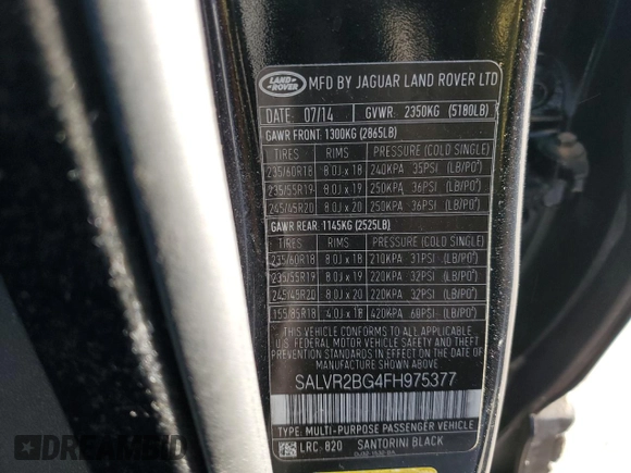 2015 Land Rover Range Rover Evoque Pure Premium with VIN SALVR2BG4FH975377, listed as a Copart auction lot 47570725 with 78,646 mi miles and Salvage title. Bid and sale history available at DreamBid. Image 13.