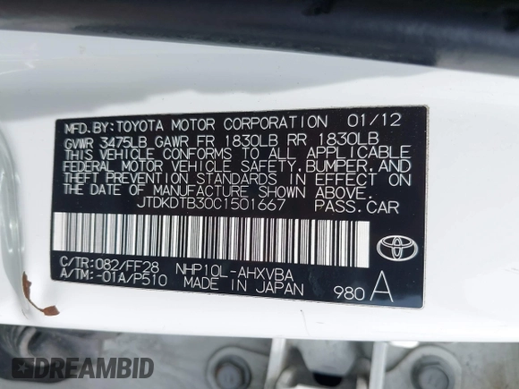 2012 Toyota Prius One with VIN JTDKDTB30C1501667, listed as a IAAI auction lot 42110544 with 238,728 mi miles. Bid and sale history available at carsss.com. Image 9.