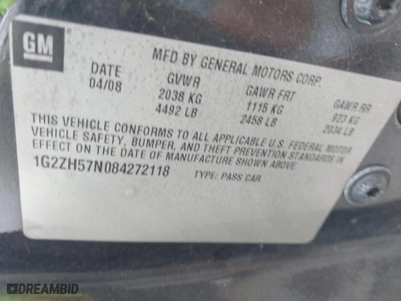 2008 Pontiac G6 GT with VIN 1G2ZH57N084272118, listed as a IAAI auction lot 42079504 with 1 mi miles. Bid and sale history available at carsss.com. Image 9.