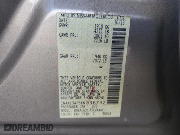 2014 Nissan Altima 2.5 with VIN 1N4AL3AP3EN236747, listed as a Copart auction lot 78548754 with 145,627 mi miles and Salvage Title. Bid and sale history available at carsss.com. Image 14.