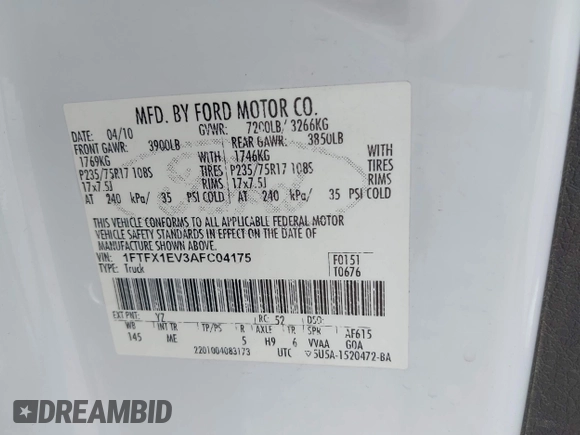 2010 Ford F-150 XL with VIN 1FTFX1EV3AFC04175, listed as a IAAI auction lot 42400826 with 215,045 mi miles and . Bid and sale history available at DreamBid. Image 9.