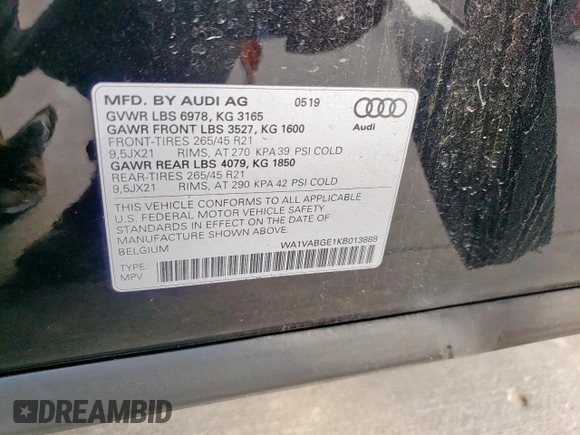 2019 Audi e-tron Prestige with VIN WA1VABGE1KB013888, listed as a Copart auction lot 55246035 with 41,529 mi miles and Salvage Title. Bid and sale history available at DreamBid. Image 13.