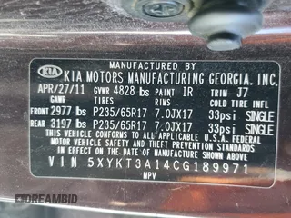 2012 Kia Sorento LX with VIN 5XYKT3A14CG189971, listed as a Copart auction lot 50820575 with 169,498 mi miles and Clean Title. Bid and sale history available at DreamBid. Image 13.