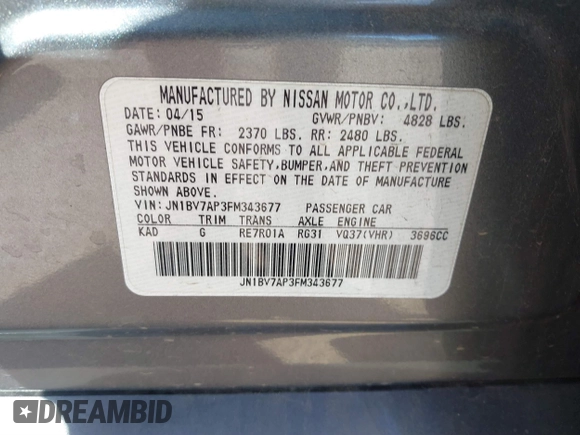 2015 Infiniti Q50 Premium with VIN JN1BV7AP3FM343677, listed as a IAAI auction lot 41811842 with 110,486 mi miles. Bid and sale history available at carsss.com. Image 9.