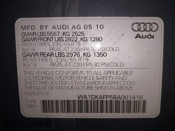 2011 Audi Q5 Premium Plus с VIN WA1DKAFP5BA001416, выставлен на аукционе IAAI как лот 41885424 с пробегом 166 727 миль миль и . История ставок и продаж доступна на DreamBid. Изображение 9.