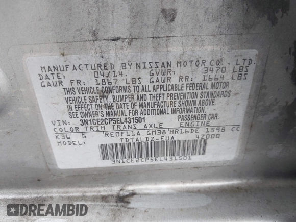 2014 Nissan Note S with VIN 3N1CE2CP5EL431501, listed as a IAAI auction lot 41857345 with 118,763 mi miles and . Bid and sale history available at DreamBid. Image 9.