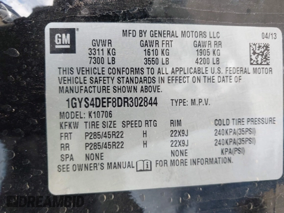 2013 Cadillac Escalade Platinum Edition with VIN 1GYS4DEF8DR302844, listed as a IAAI auction lot 41726120 with 167,425 mi miles. Bid and sale history available at carsss.com. Image 9.