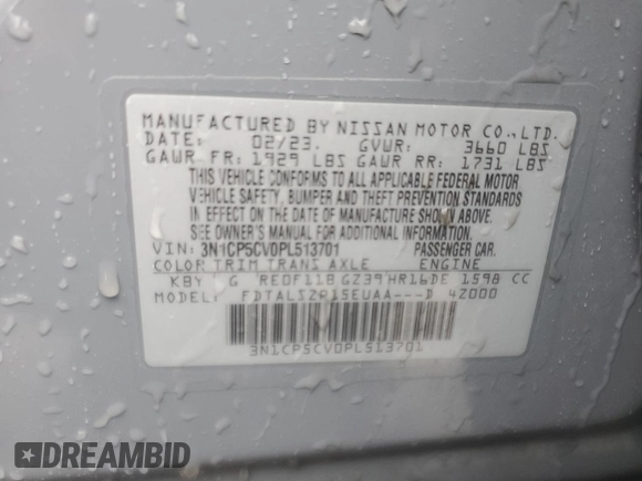 2023 Nissan Kicks SV with VIN 3N1CP5CV0PL513701, listed as a Copart auction lot 48261575 with 71,370 mi miles and Salvage Title. Bid and sale history available at DreamBid. Image 13.