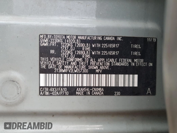 2020 Toyota RAV4 Hybrid XLE with VIN 2T3RWRFV2LW057300, listed as a Copart auction lot 54762655 with 96,624 mi miles and Salvage title. Bid and sale history available at DreamBid. Image 13.