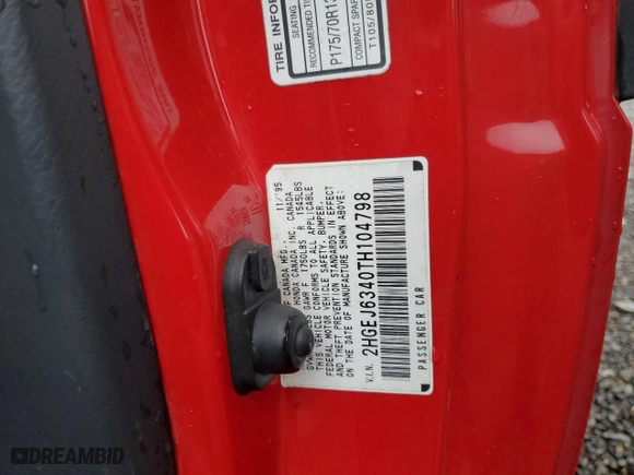 1996 Honda Civic DX with VIN 2HGEJ6340TH104798, listed as a Copart auction lot 80360674 with 176,629 mi miles and Salvage Title. Bid and sale history available at carsss.com. Image 12.