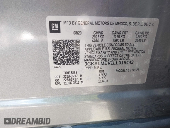 2020 GMC Terrain SLE with VIN 3GKALMEV1LL319443, listed as a IAAI auction lot 42375067 with 39,575 mi miles and . Bid and sale history available at DreamBid. Image 9.