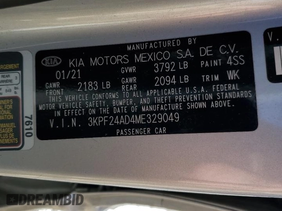 2021 Kia Forte LXS with VIN 3KPF24AD4ME329049, listed as a Copart auction lot 88162765 with 96,067 mi miles and Salvage Title. Bid and sale history available at DreamBid. Image 14.