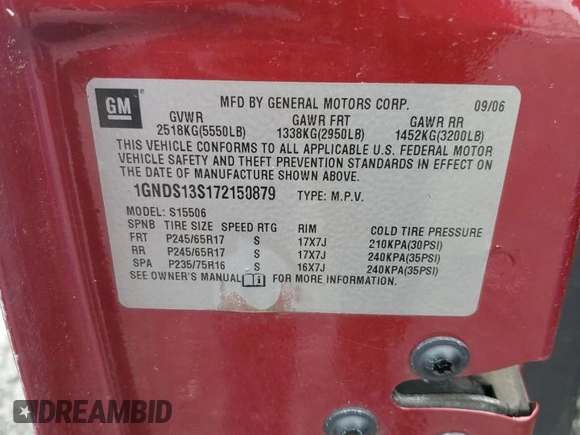 2007 Chevrolet TrailBlazer LT with VIN 1GNDS13S172150879, listed as a Copart auction lot 64628804 with 297,489 mi miles and Salvage Title. Bid and sale history available at DreamBid. Image 15.