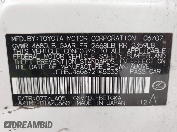 2007 Lexus ES 350 with VIN JTHBJ46G672145333, listed as a IAAI auction lot 42059523 with 206,756 mi miles. Bid and sale history available at carsss.com. Image 9.