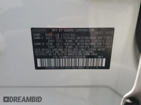 2023 Subaru Ascent Limited with VIN 4S4WMAUD1P3403216, listed as a Copart auction lot 60088595 with 21,729 mi miles and Salvage title. Bid and sale history available at DreamBid. Image 13.