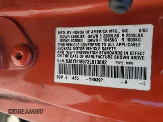 2003 Honda Element EX with VIN 5J6YH18573L013682, listed as a Copart auction lot 44502875 with 368,822 mi miles and Salvage Title. Bid and sale history available at DreamBid. Image 14.
