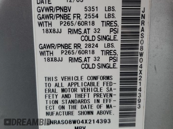2004 Infiniti FX with VIN JNRAS08W04X214393, listed as a Copart auction lot 43375155 with Not Provided miles and Clean Title. Bid and sale history available at DreamBid. Image 14.