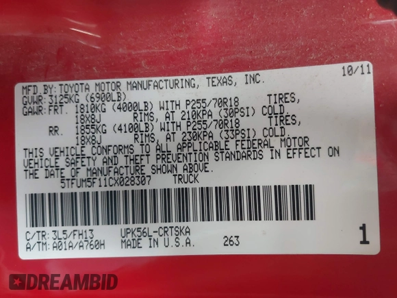 2012 Toyota Tundra z VIN 5TFUM5F11CX028307, wystawiony jako IAAI lot #41952532 z przebiegiem 253 254 mil mil oraz . Historia ofert i sprzedaży dostępna na DreamBid. Obrazek 9.