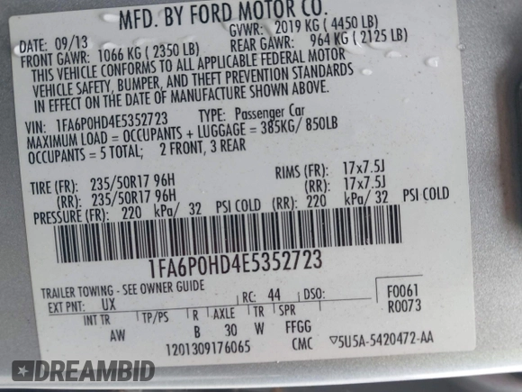 2014 Ford Fusion SE with VIN 1FA6P0HD4E5352723, listed as a IAAI auction lot 42011460 with 118,561 mi miles. Bid and sale history available at carsss.com. Image 9.